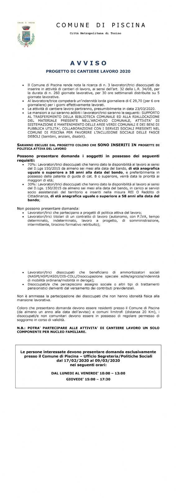 AVVISO - PROGETTO DI CANTIERE LAVORO 2020